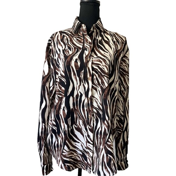 Brown & Ivory Zebra Print Button-Up Long Sleeve Blouse with Pleat Back - Picture 2 of 8